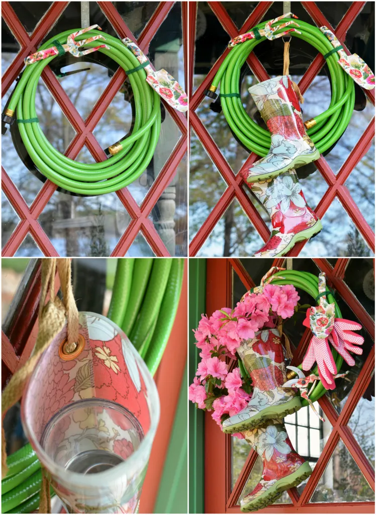 garden hose wreath with wellies