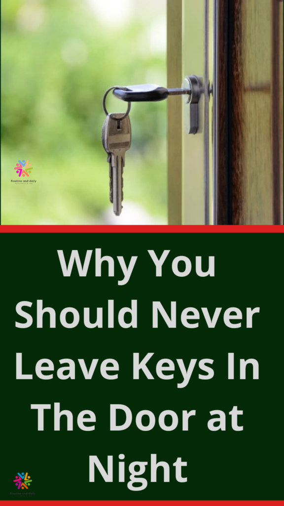 Keys left in a door lock at night, highlighting security risks and potential break-in dangers.